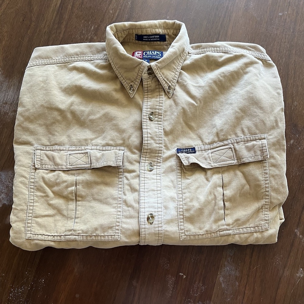 Vintage Chaps Ralph Lauren Corduroy Shirt Mens M Beige Long Sleeve